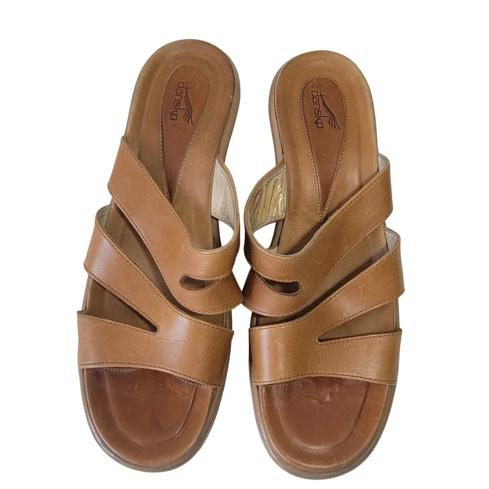 Dansko Womens Tan Leather Strappy Wedge Slide Sandals EU 39 US 8.5-9 Portugal